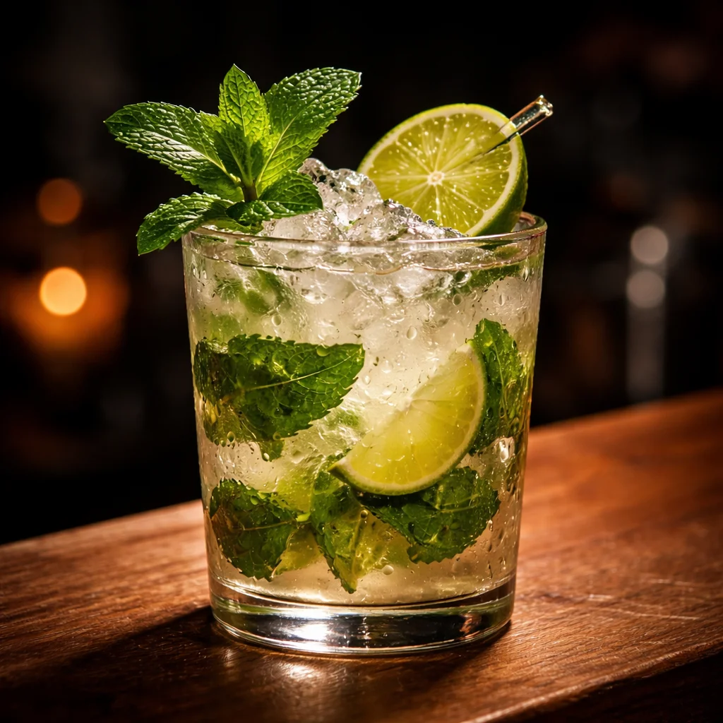Mojito de autor con menta fresca, rodajas de limón y hielo en vaso sobre barra de madera — servicio de coctelería para eventos de Matías al Fuego