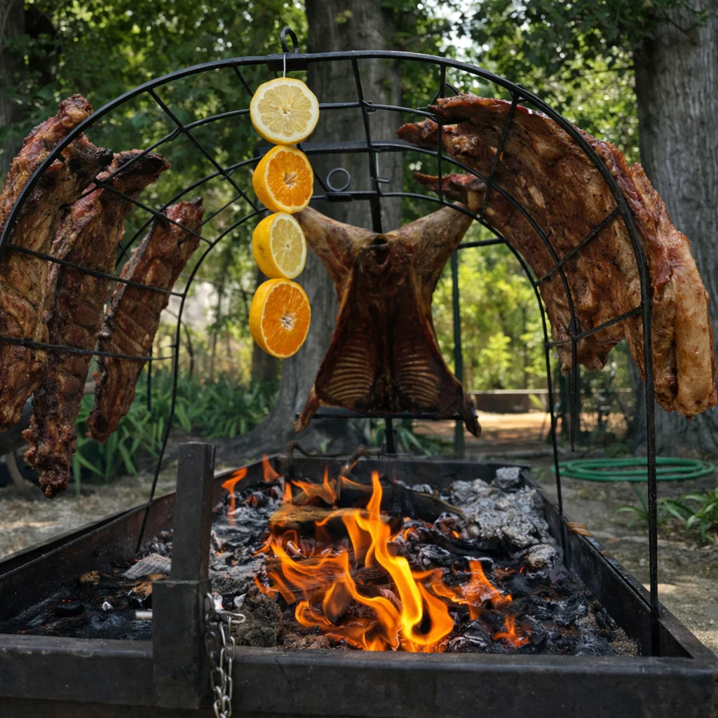 Dos costillares de cordero asándose a la cruz en una estructura de fierro sobre brasas, con cítricos colgando — asado en vivo de Matías al Fuego para eventos en Santiago