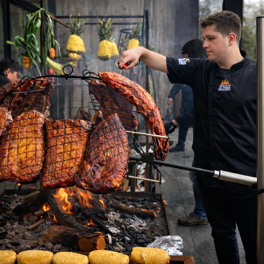 Matías Carvajal Lehmann, fundador y asador de Matías al Fuego, cocinando cortes de carne a la parrilla al fuego durante un evento