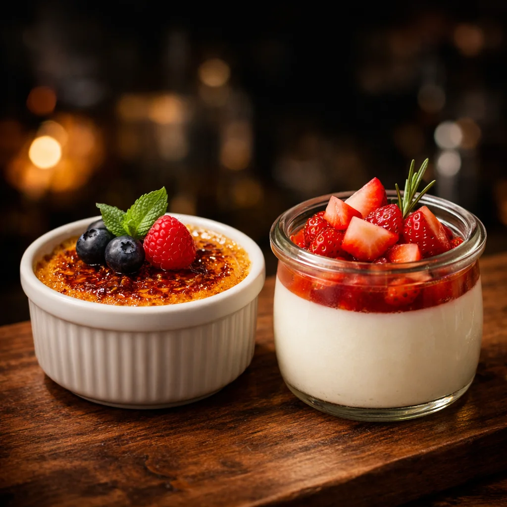 Crème brûlée con frutos rojos y panna cotta con frutillas — postres artesanales de cierre de la banquetería Matías al Fuego