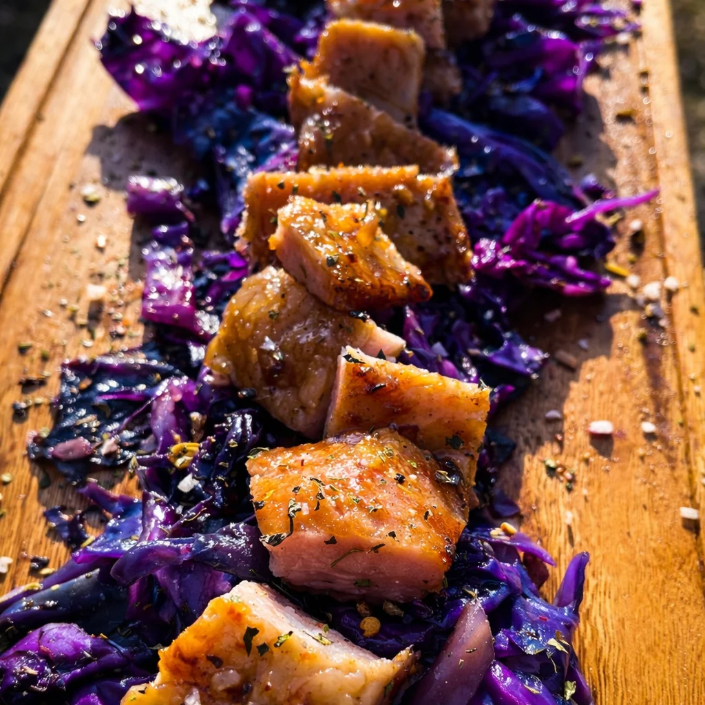 Tabla de madera con cubos de carne asada sobre repollo morado, presentación gourmet de cortes para eventos de Matías al Fuego